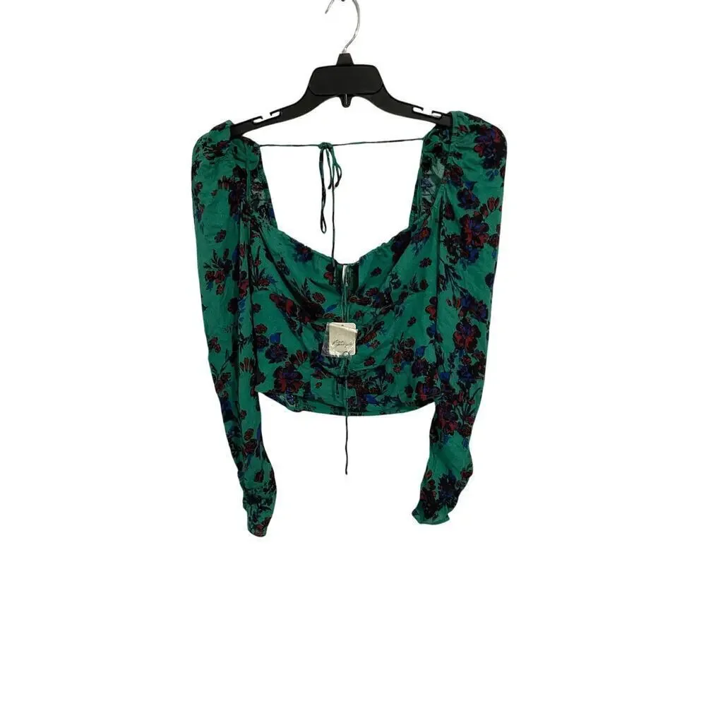 NWT Free People Crop Top Size Small Floral Blouse Puff Sleeve $98 Tie Back Green